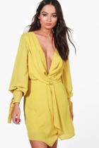 Boohoo Tia Twist Front Ruched Sleeves Shift Dress Yellow