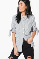Boohoo Libby Stripe Cut Out Collar Shirt Grey