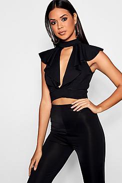 Boohoo Ava Ruffle Plunge High Neck Crop