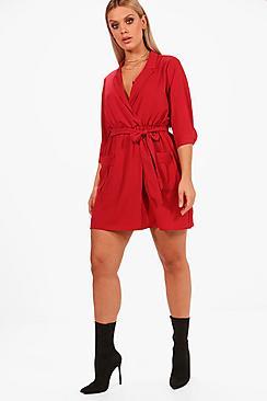 Boohoo Plus Sasha Tie Waist Woven Mini Shirt Dress