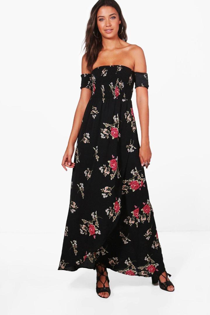 Boohoo Tall Shani Sheered Off The Shoulder Maxi Dress Black