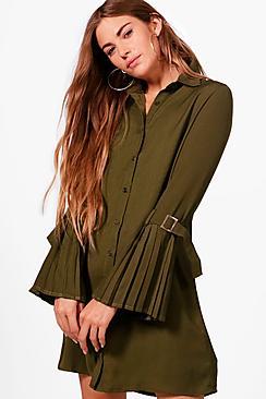 Boohoo Trisha Utility Pleated Sleeve Shirt Dress