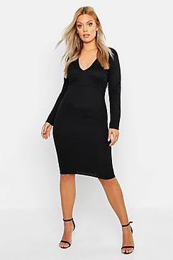 Boohoo Plus Rib Plunge Long Sleeve Midi Dress