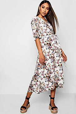 Boohoo Flared Sleeve Floral Wrap Midi Dress