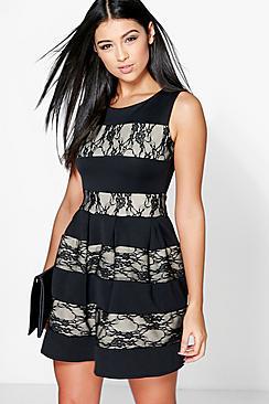 Boohoo Madeleine Contrast Lace Skater Dress