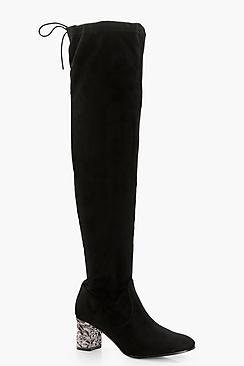 Boohoo Mia Embelished Block Heel Over Knee Boot