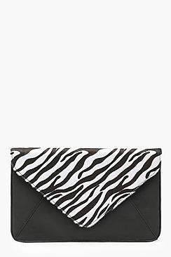 Boohoo Faux Zebra Pony Print Clutch