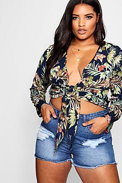 Boohoo Plus Liv Floral Print Tie Front Blouse