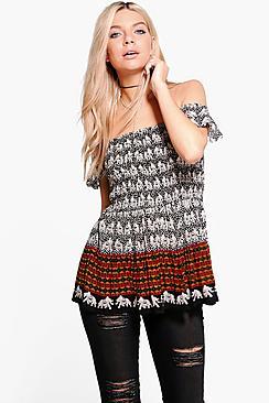 Boohoo Amelia Mixed Print Bardot Top