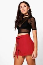 Boohoo Loza Tie Waist Turn Up Woven Tailored Shorts Berry