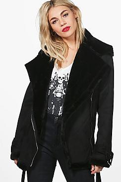 Boohoo Melanie Faux Fur Lined Bonded Aviator Jacket