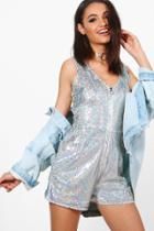 Boohoo Boutique Mia Hologram Sequin Zip Through Playsuit Silver