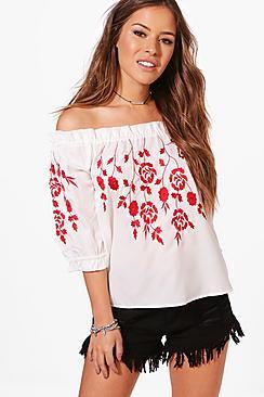 Boohoo Petite Rachel Embroiderd Off Shoulder Top