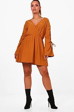 Boohoo Plus Frankie Crepe Ruched Tie Sleeve Skater Dress