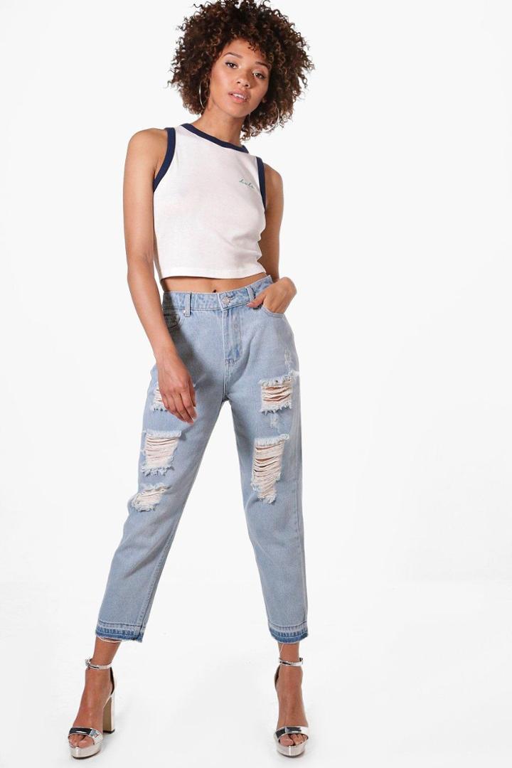 Boohoo Sophie High Waist Displaced Pocket Mom Jeans Blue