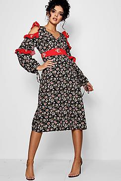 Boohoo Nadia Mix Print Ruffle Detail Midi Dress