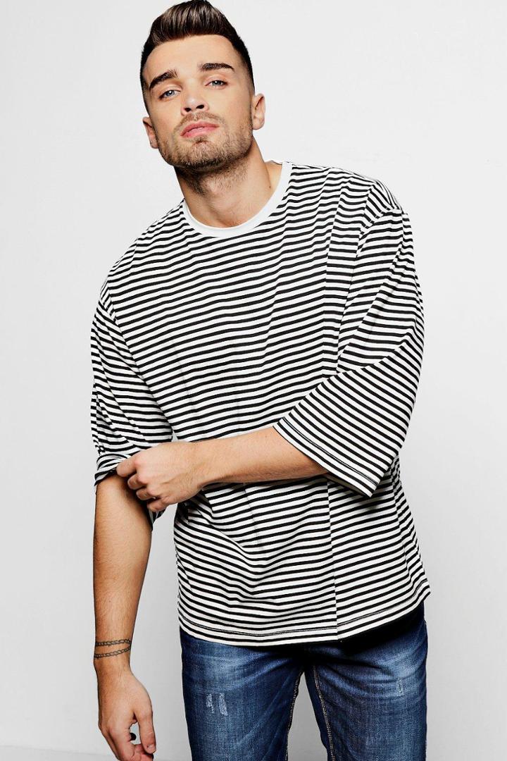 Boohoo 3/4 Sleeve Oversized Striped T Shirt Black