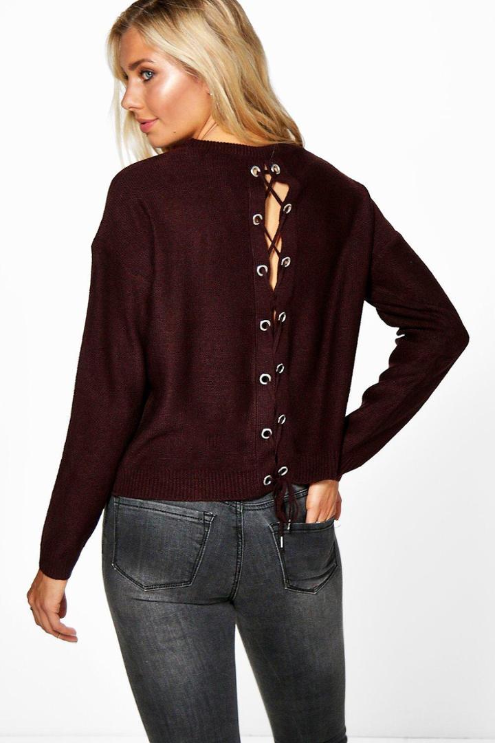 Boohoo Lillie Lace Up Eyelet Detail Jumper Aubergine