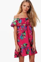 Boohoo Beci Floral Pom Pom Shift Dress Magenta
