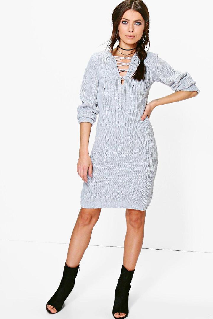 Boohoo Amy Lace Up Soft Knit Jumper Dress Silver