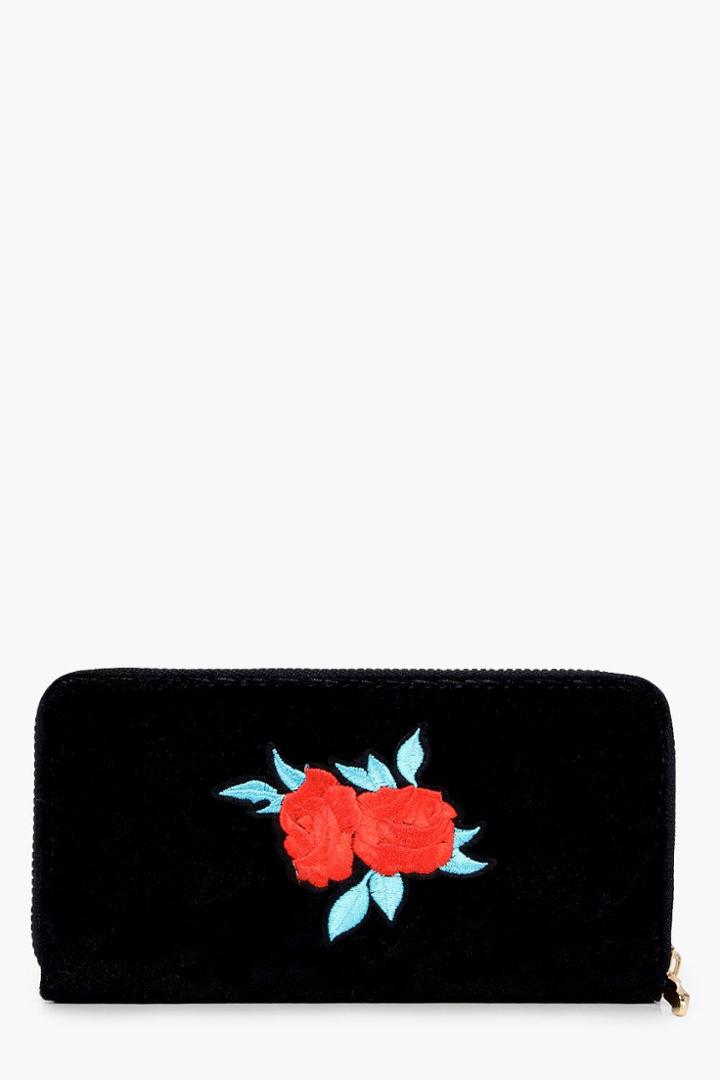 Boohoo Eliza Velvet Embroidered Zip Around Purse Black