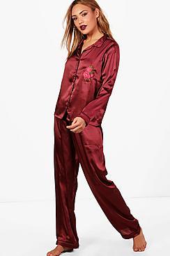 Boohoo Kate Rose Embroidery Satin Shirt & Trouser Set