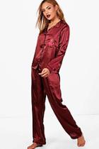 Boohoo Kate Rose Embroidery Satin Shirt & Trouser Set