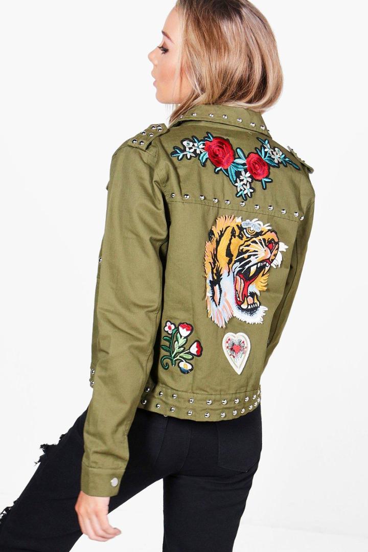 Boohoo Ella Embroidered Studded Trucker Khaki