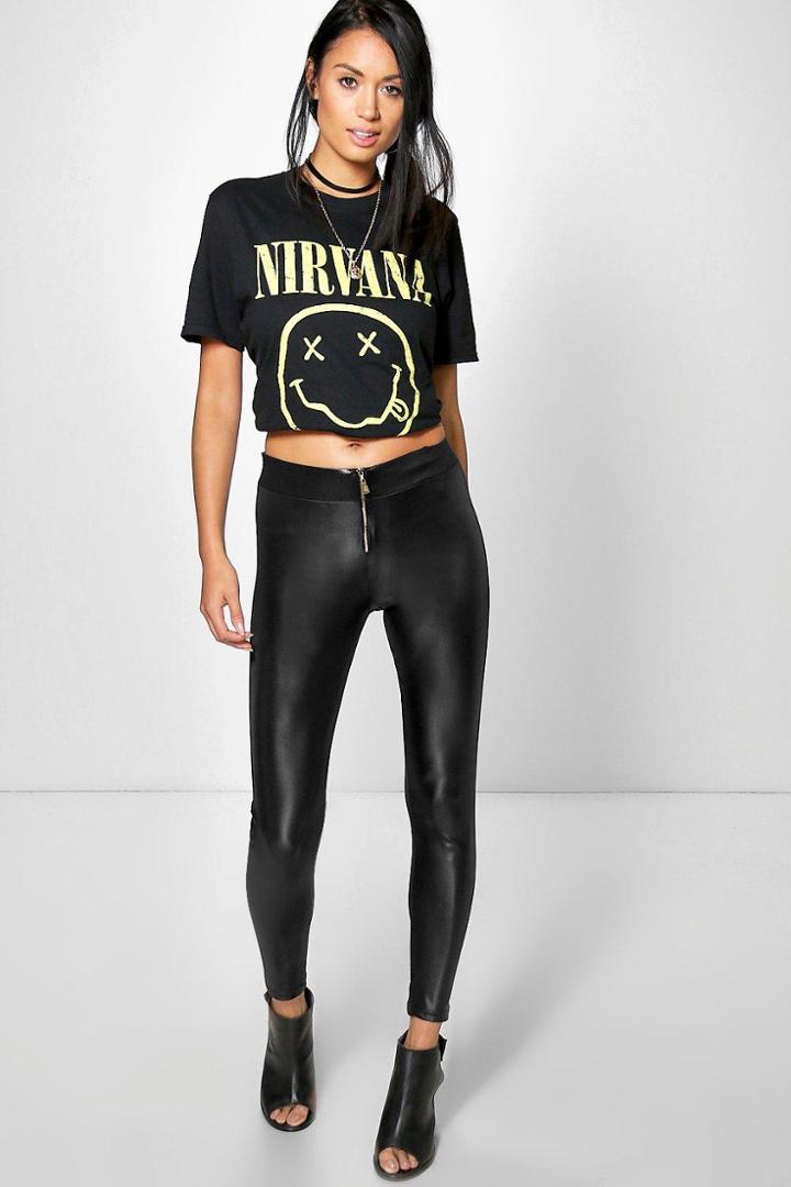 Boohoo Nova Leather Look Front Zip Details Leggings Black