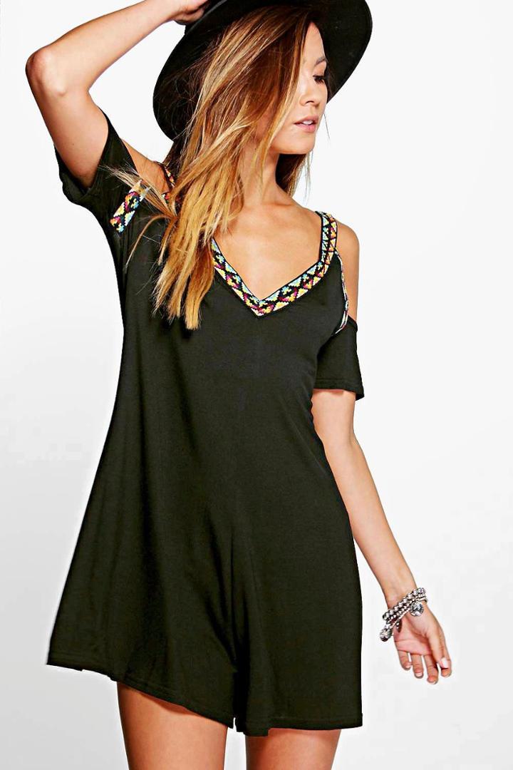 Boohoo Elsa Embroidered Detail Open Shoulder Playsuit Black