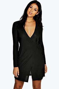 Boohoo Cindy Ribbed Wrap Bodycon Dress