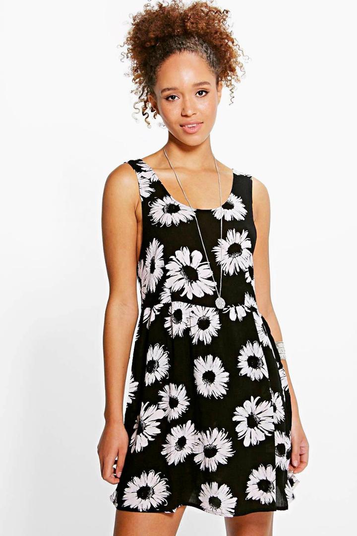 Boohoo Violetta Large Daisy Open Back Sundress Black