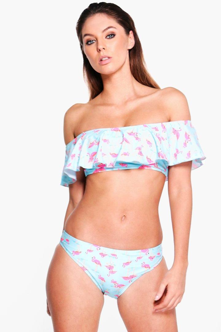 Boohoo Turkey Flamingo Frill Bardot Bikini Blue