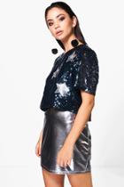 Boohoo Jasmine Star Applique 3/4 Sleeve Sequin Top Navy