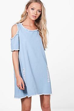 Boohoo Lydia Cold Shoulder Distressed Denim Dress