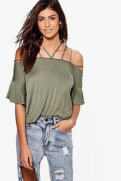 Boohoo Emma Strappy Neck Flare Sleeve Top
