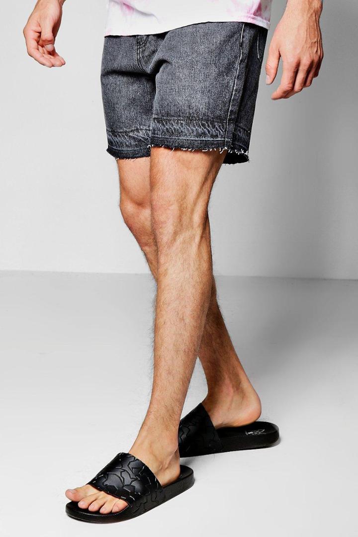 Boohoo Acid Wash Denim Shorts With Raw Edge Charcoal