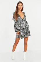 Boohoo Petite Leopard Print Plunge Tiered Skater Dress