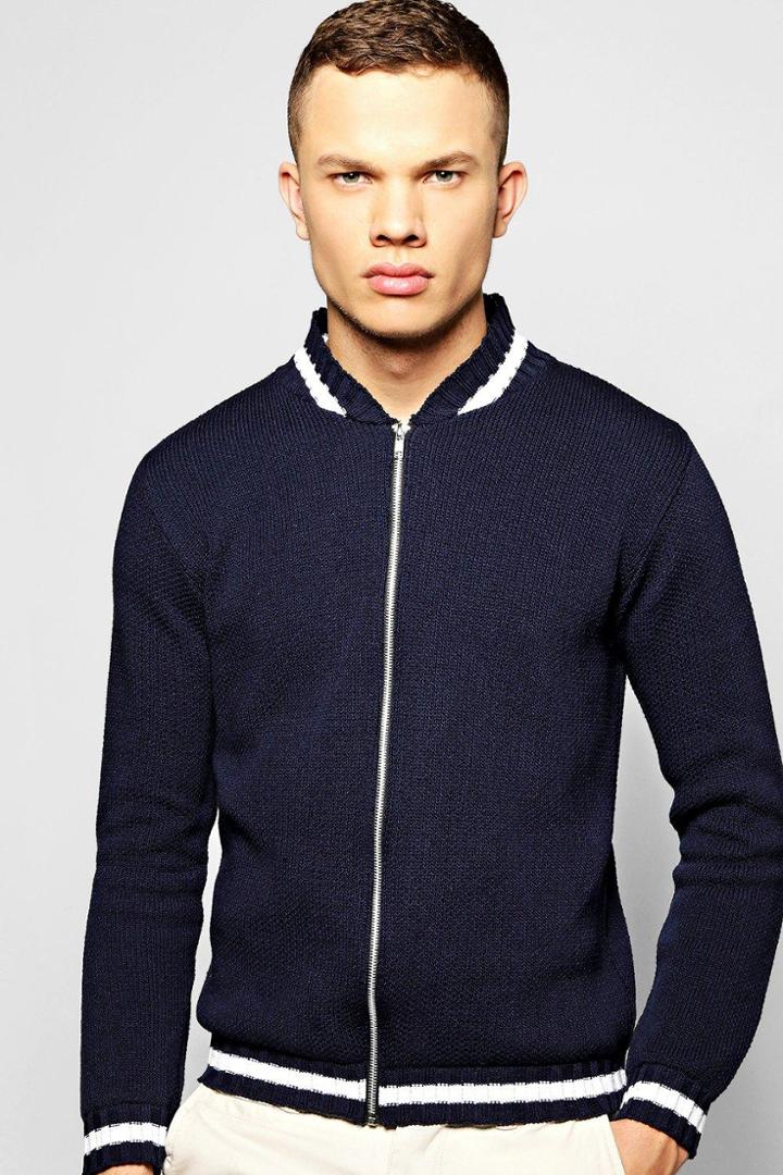 Boohoo Knitted Bomber Jacket With Varsity Rib Navy
