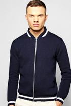 Boohoo Knitted Bomber Jacket With Varsity Rib Navy