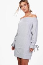 Boohoo Plus Emily Off The Shoulder Tie Sleeve Sweat Dress Grey