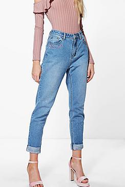Boohoo High Waist Slogan Hem Mom Jeans