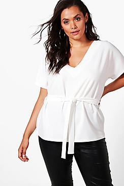Boohoo Plus Lucy Crepe Tie Waist Top