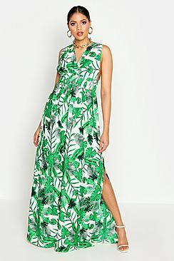 Boohoo Tall Palm Print Plunge Maxi Dress