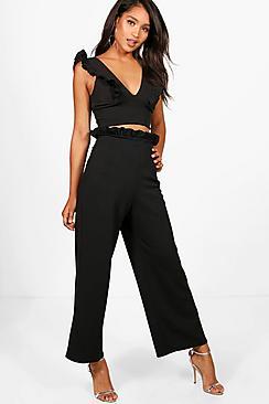 Boohoo Lara Crepe Shirred Wide Leg Trouser