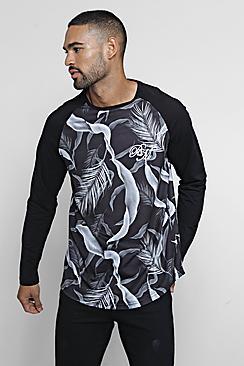 Boohoo Long Sleeve Bm Logo Floral Curved Hem T-shirt