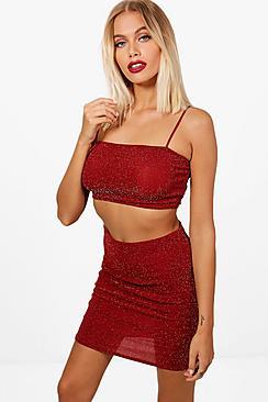 Boohoo Lurex Strappy Crop And Mini Skirt Set