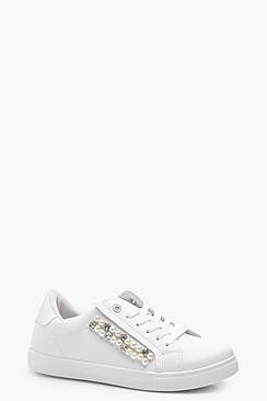 Boohoo Kia Pearl And Diamante Ribbon Lace Trainer