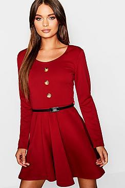 Boohoo Long Sleeve Button Front Belted Skater Dress