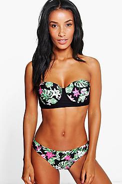 Boohoo Geneve Tropical Leaf Underwired Bandeau Bikini